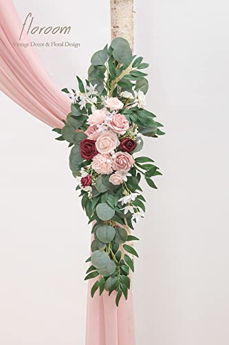 Floroom Arch Flowers with Drapes Kit (Pack of 4) - 2pcs Artificial Dusty Rose & Burgundy Floral Swag Arrangement with 2pcs Draping Fabric for Wedding Ceremony Arbor and Reception Backdrop Decoration - color: Dusty Rose & Burgundy