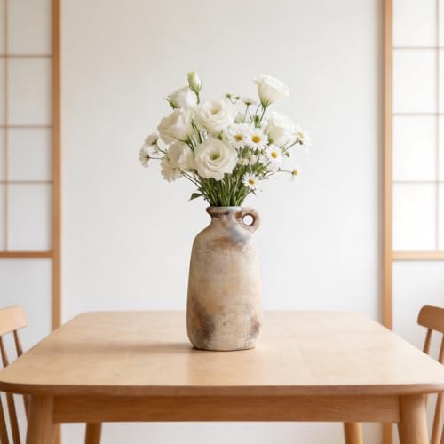 Ceramic Flower Vase, 10.1" Rustic Farmhouse Vase with Glazed Interior, Decorative Pottery Vase for Fresh Flowers, Pampas Grass, Living Room, Dining Table, Mantel and Shelf Decor - color: Rustic-5.1"l X 5.1"w X 10.1"h