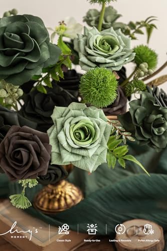 Ling's Moment Fake Flowers Box, Faux Artificial Greenery Stems Foam Roses Gardenia Silk Fabic Flower for Centerpieces Bouquet Wedding Vase Floral Arrangements Decorations, Emerald & Gold, Deluxe Combo - color: Grn-emerald & Gold, size: Deluxe