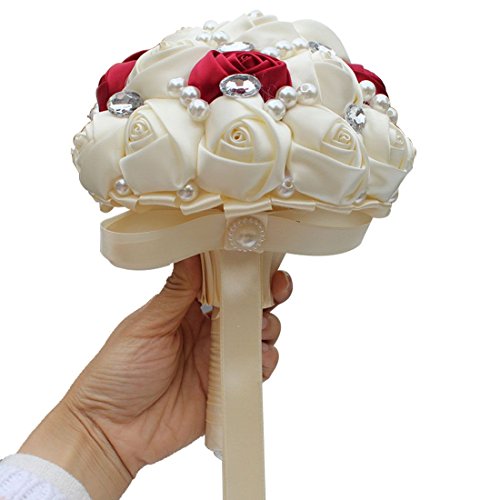 S_SSOY Customizable Romantic Wedding Bouquets Silk Flowers Bridal Holding Roses Bride Bridesmaid Bouquet with Pearl Crystal Ribbon Valentine's Day (Ivory+Wine Red) - color: Ivory+wine Red