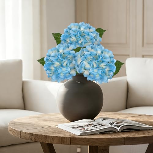 Hollyone 3Pcs Blue Hydrangea Artificial Flowers Real Touch Faux Silk Hydrangeas Flowers with Stem Fake Florals Flower for Home Wedding Table Centerpiece Vase Arrangements Decoration - color: Light Blue