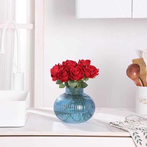 Blue Glass Vase for Tulips, Ribbed Glass Vase for Flowers, Round Flower Vases, Small Short Vases for Living Room, Office, Coffee Table, Shelf, Wedding, 6 Inches - color: Blue, size: Round 6 Inches