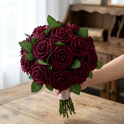 30pcs Real Looking Burgundy Foam Artificial Roses with Stems, Fake Rose Flowers for DIY Wedding Bouquets Bridal Shower Centerpieces Home Party Tables Valentine's Day Mother's Day Decor Gift - color: 30pcs Burgundy