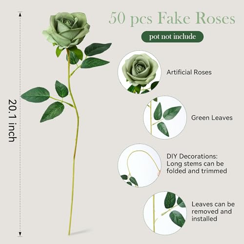50 PCS Green Roses Artificial Flowers, Real Looking Fake Roses with Long Stems Silk Flowers for DIY Wedding Bouquet Party Celebration Home Bridal Baby Shower Decoration Birthday Gift for Her Wife - color: Eif Green
