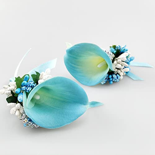 Ciandid Calla Lily Boutonnieres Set of 6, Groom Groomsman Best Man Boutonniere, Handmade Silk Flower for Wedding Ceremony Anniversary (Calla Lily-Blue, 6pcs) - color: Turquoise