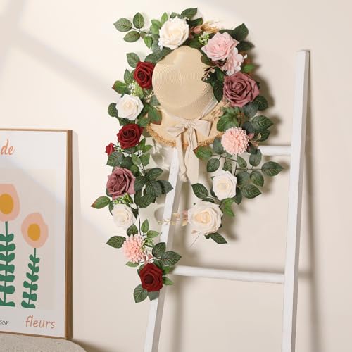 Senseya 5FT Artificial Rose Flower Garland - Burgundy Fake Floral Vine with Rose Leaves, Runner Rustic Flower Garland for Wedding Arch Backdrop, Table Runner Centerpieces, Party Home Mantel Decor - color: Burgundy