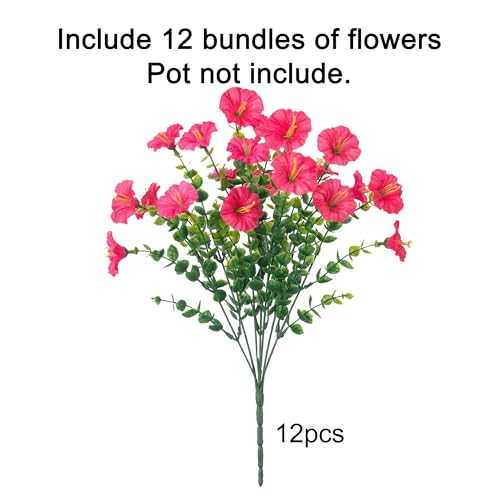 HyeFlora Artificial Flowers for Outdoors Fake Plants Outside Decoration, 12 Bundles Silk Hot Pink Morning Glory UV Resistant Look Real Faux Flowers for Planter Front Door Porch Patio Yard Gardens Home - color: Hot Pink