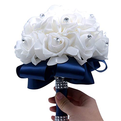 MOJUN Wedding Bouquets Crystal PE Roses Bridal Bridesmaid Wedding Hand Holding Bouquet Artificial Fake Flowers Toss Bouquet, Navy - color: Navy