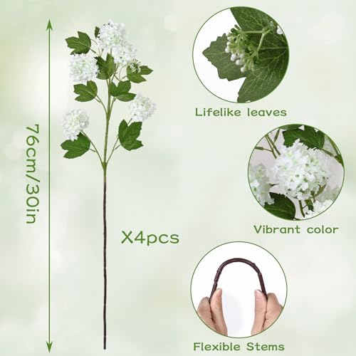 DEMIUKO 4PCS Artificial Hydrangea Flowers 30 Inch Fake Silk Hydrangea Flower with 20 Real Touch Blooms Realistic Faux Hydrangeas Decorations for Wedding Table Centerpieces Vase Home Decor - color: White