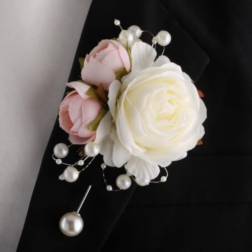 Boutonnieres Set of 12 for Groom Groomsmen Best Man Artificial Flower Formal Party Boutonniere for Men Suit Decoration Wedding Graduation Prom Homecoming Ivory and Pink - color: Ivory & Pink Boutonnieres (12pcs)