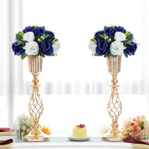 10Pcs Fake Flower Ball Arrangement Bouquet, 9.5" 15 Heads Plastic Roses with Base,Suitable for Parties Valentine's Day Wedding Centerpiece Flower Rack and Home Décor (Navy Blue & White) - color: Navy Blue & White
