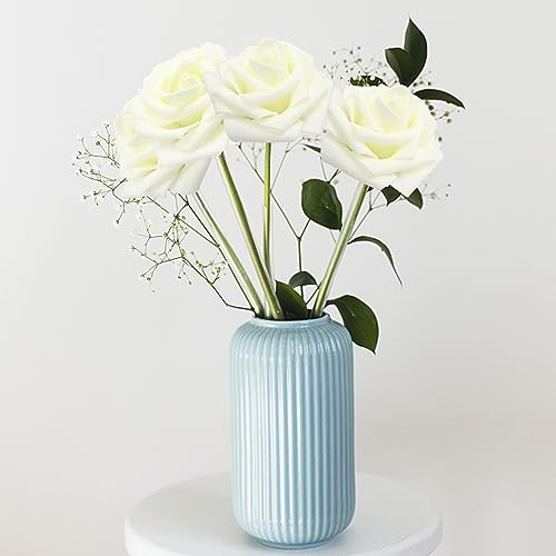 Artificial Flowers Milk White Roses 50PCS Real Looking Foam Fake Roses with Leaves and for DIY Wedding Bouquets Bridal Shower Centerpieces Party Decorations (Ivory) - color: Ivory, size: 50