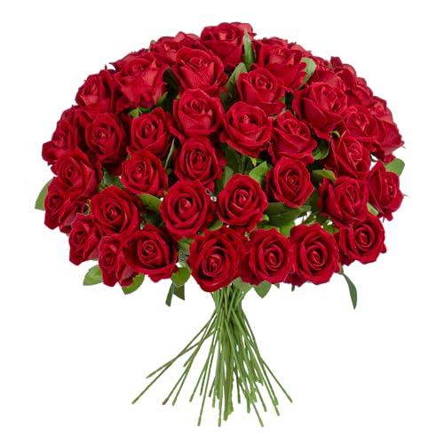 19.6" Artificial Flowers Roses Touch Fake Rose Bouquet Flower Stem for Wedding Centerpieces DIY Wreath Home Decorations Silk Roses Mothers Party Fake Outdoor Flowers Decor(50PCS Red) - color: Red 50pcs