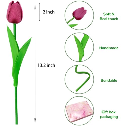 28pcs Hot Pink Flowers Artificial Tulip Stems Real Feel PU Tulips for Easter Spring Wreath Wedding Bouquet Centerpiece Floral Arrangement Cemetery Table Décor 13" Tall - color: Hot Pink