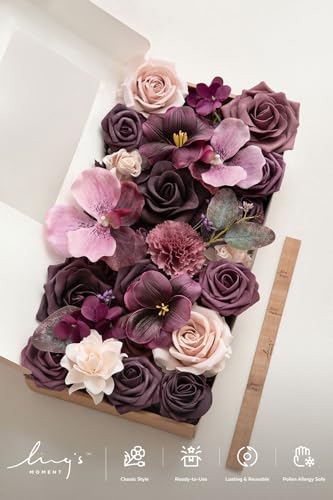 Ling's moment Fake Flowers Box, Faux Artificial Greenery Stems Foam Roses Tulip Silk Orchid Eucalyptus Fabic Flower for Centerpieces Bouquet Wedding Vase Decorations, Plum & Plum Lily, Deluxe Combo - color: Prpl-plum & Plum Lily, size: Deluxe