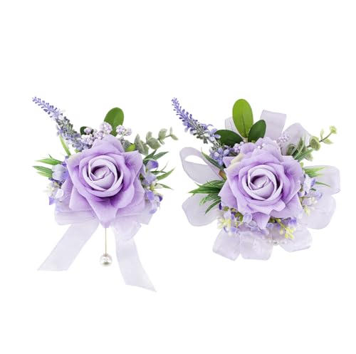 Purple Corsage and Boutonniere Set, Corsage Wristlet for Women and Boutonniere for Wedding Prom Homecoming, Artificial Rose Flowers Boutonniere and Wrist Corsage - color: Purple