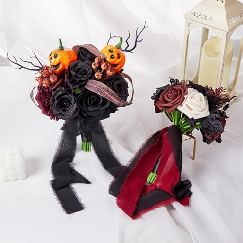 Wedding Bouquets - Black & Burgundy, Gothic Style for Bride & Bridesmaid - Artificial Rose Flower Bouquet - color: Rose Pumpkin