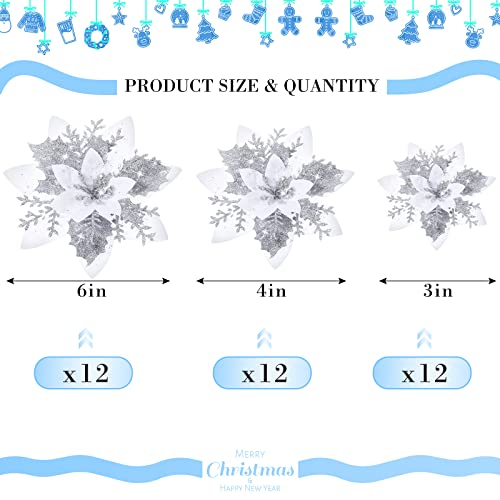 36 Pcs Christmas Glitter Artificial Poinsettia Flowers Xmas Poinsettia Artificial Wedding Flowers Decorations Xmas Tree Ornaments with Clips for Party, 6 Inch, 4 Inch, 3 Inch(Silver and White) - color: Silver and White