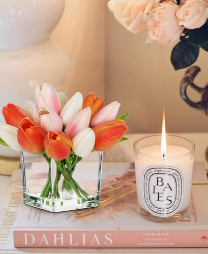 DILATATA Artificial Tulips in Vase with Faux Water 5.5" Real Touch Mixcolor Flowers Fake Tulips Small Flowers Arrangement in Cube Glass Vase for Mother's Day Table Centerpiece Wedding Home Decor - color: Square Vase/Mixcolor/1 Set