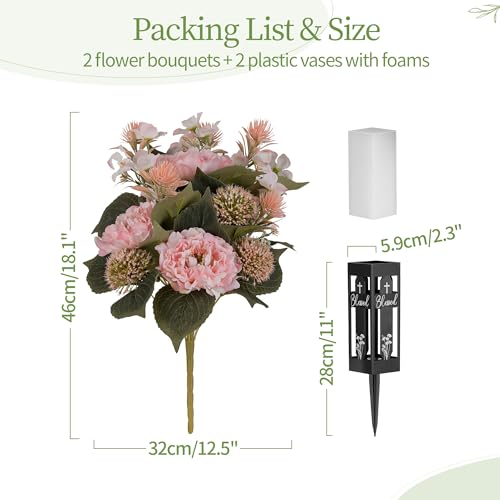 Pink Artificial Flowers for Cemetery : 2 Pcs Peony Grave Flower Bouquets for Cemetery Decorations - Outdoor Gravesite Flowers with Vase - color: Pink