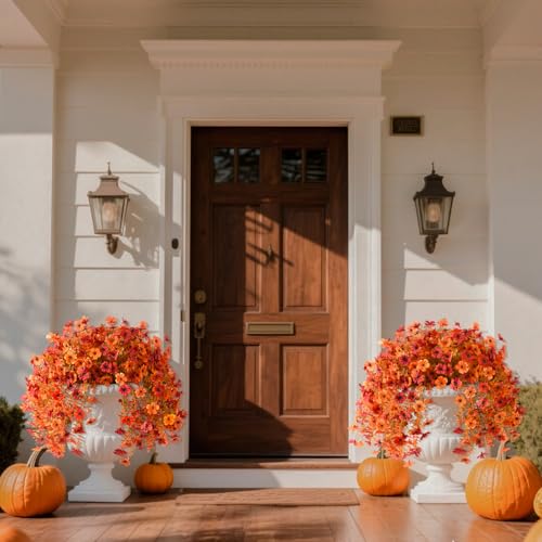 INQCMY Artificial Fall Flowers for Outdoors Fake Mums Hanging Flowers Plants 2Pcs UV Resistant Faux Flowers for Porch Patio Outdoor Decor Home Decor (Orange Autumn Red) - color: Orange Fall Red