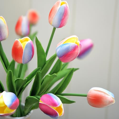 FiveSeasonStuff Real Touch Rainbow Tulips Bouquet, 15 Multicolor Artificial Stems with Soft PU Petals - color: Pastel Rainbow