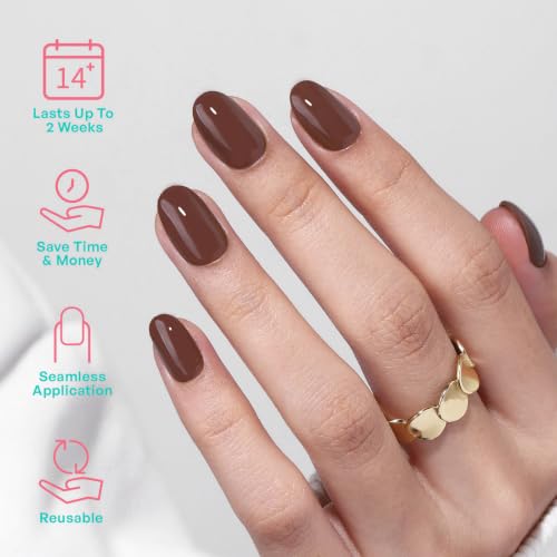 32Pcs Soft Gel Press on Nails for Women, Mocha Brown, Short Oval | Solid Color Glossy False Fake Nails Press Ons for Office Daily Wear, Salon Quality Reusable Glue & Stick on Nail Gift Kit - color: 5K-Mocha Brown