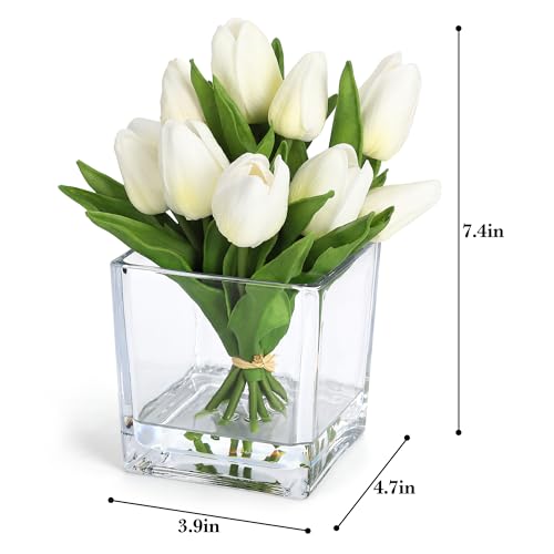 White Artificial Tulips in Vase with Faux Water, 7.4 Inch Real Touch Fake Tulips, Small Flower Arrangement in Cube Glass Vase for Mother's Day, Table Centerpiece, Wedding, and Home Decor - color: White, size: Tulip, PU