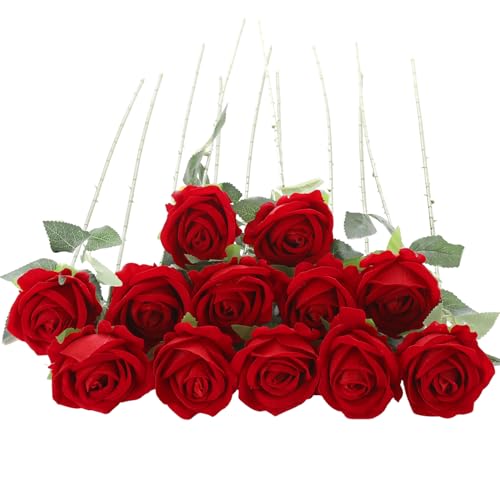 12Pcs Red Roses Artificial Flowers Fake Roses Faux Velvet Silk Flower for Home Wedding Decoration (Pearl Rose, Red) - color: Pearl Roses - Red 12p