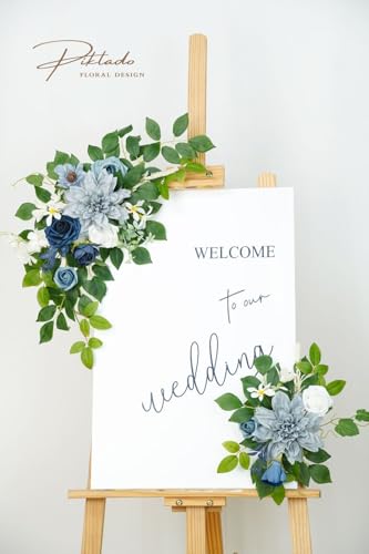 Wedding Decor (Pack of 2) Welcome Sign Flower Backdrop Garland for Ceremony Reception Wall Easel Home Decoration Entryway Faux Outdoor Board Head Table Decor (Dusty Blue & Navy) - color: Dusty Blue & Navy