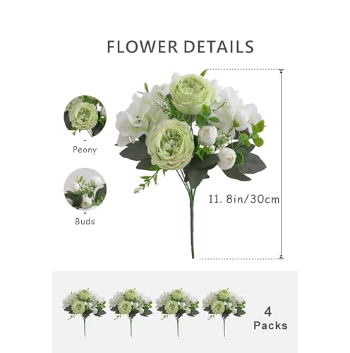 4 Bunches Peonies Artificial Flowers, Silk Peonies Flowers Fake Bouquet Faux Floral Arrangements for Centerpiece Table Wedding Party Home Decor (4, Green White) - color: Green White