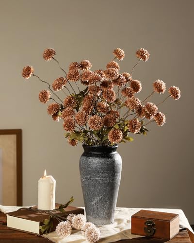 DuHouse 6pcs Artificial Flowers Faux Silk Pompon Mum,Silk Small Mini Chrysanthemum Ball with Stems for DIY Wedding Bouquets Centerpieces Vase Home Table Kitchen Decoration(Coffee) - color: Coffee, size: 6pcs