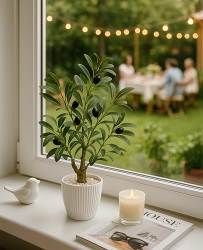 AceList Faux Olive Tree, 16.9 Inches Small Fake Olive Trees with White Pot, Realistic Fake Tree Potted Plant and Lifelike Fruits for Home Room Modern Farmhouse Decor - color: Olive
