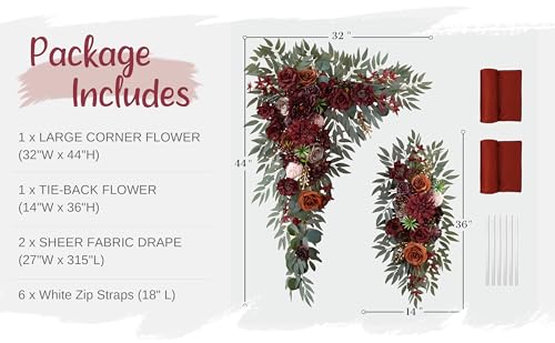 Wedding Arch Flowers with Drapes Kit (Pack of 4) - 2pcs Artificial Burgundy Deluxe Swag with 2pcs Sheer Drapes for Wedding Ceremony Arbor Reception Backdrop Rose Floral Decoration - color: Burgundy