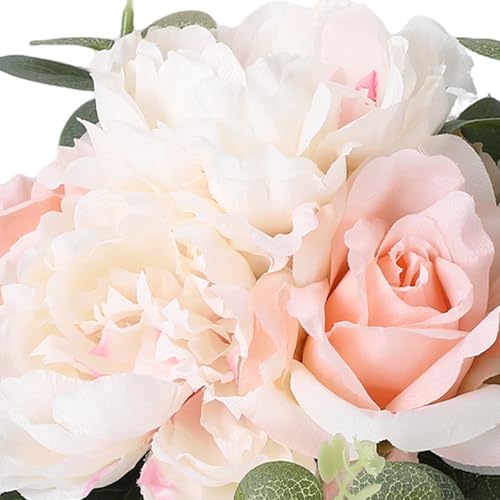 Lifelike Artificial Flower Arrangements with 4 Roses + 4 Peonies in Glass Vase with Faux Water for Wedding & Home Table Centerpieces - color: Peony & Rose With Faux Water, size: Pink