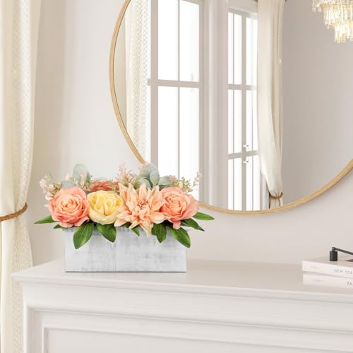 DILATATA Flower Arrangement with Wooden Vase 10" Artificial Flowers in Pot - Fake Flowers in White Rectangular Wooden Vase Potted Faux Flower Centerpieces for Table Decor Living Room - Orange - color: 10"l Orange