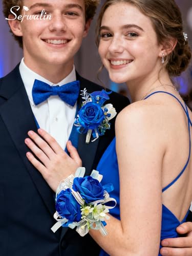 Serwalin Blue Prom Corsage and Boutonniere Set, Artificial Calla Lily & Rose Wrist Corsage Wristlet for Wedding, Homecoming, Formal Dance, Party Flowers Accessories Suit Decorations - color: Royal Blue