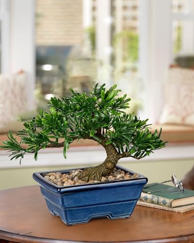 Artificial Bonsai Tree Faux Plants Indoor Small Fake Plants Decor with Blue Ceramic Pots for Home Table Office Desk Bathroom Shelf Bedroom Living Room Farmhouse Decorations - style: Maki- glaze basin