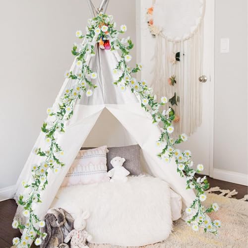 2 Pack White Flower Garland Artificial Daisy Silk Wildflower Hanging Flowers Fake Floral Vines Garland for Table Decoration Backdrop Wall Home Party Wedding Indoor Outdoor DIY Cemetery Decor - color: White, size: 2pcs