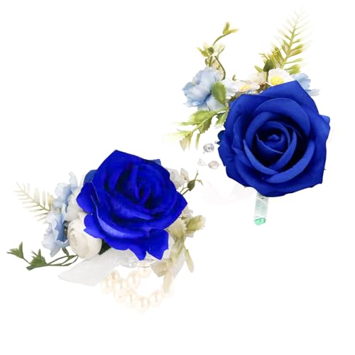 Royal Blue Corsage and Boutonniere Set, Artificial Rose Corsage Wristlet and Boutonniere for Wedding Prom Party (Royal Blue 1 Boutonniere&1 Wrist Corsage) - color: Royal Blue 1 Boutonniere&1 Wrist Corsage