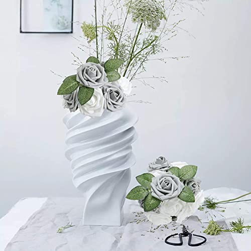 Higfra Artificial Flowers 25pcs Real Looking Himmer Silver Grey Foam Fake Roses with Stems for DIY Wedding Bouquets White Bridal Shower Centerpieces Arrangements Mothers Day Party Tables Decorations - color: Himmer Silver Grey, size: 25Pcs