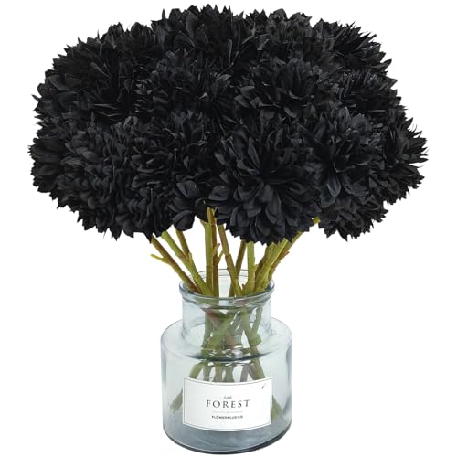Tinsow 12 Pcs Faux Ball Chrysanthemum Bouquet Black Flowers for Home Halloween Party Fall Harvest Festival Decoration (Black, 12) - color: Black