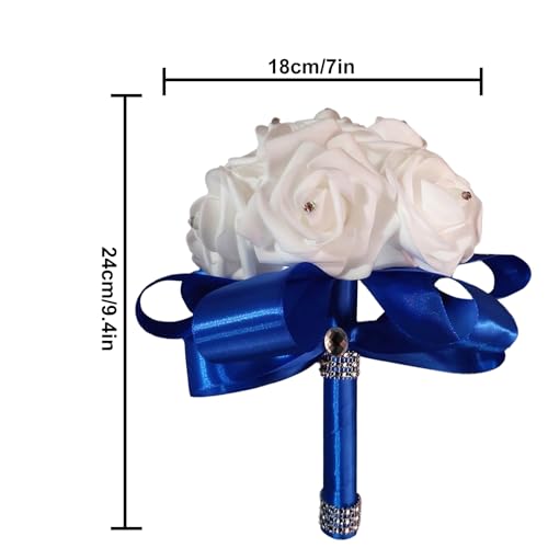 Wedding Bouquets for Bride, Bridal Flowers for Wedding, Bride Bridesmaid Hand Flowers Bridal Bouquet Crystal Diamond Silk Roses, Artificial Flowers Bouquet for Church Wedding Party (Blue) - color: Blue
