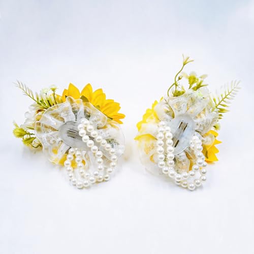 2 Pcs Sunflower Wrist Corsage, Artificial Yellow Flower Corsage Bracelet for Wedding, Prom, Bridesmaid, Mother of the Bride, Bridal Shower Party (2pcs Sunflower Wrist Corsage) - color: 2pcs Sunflower Wrist Corsage