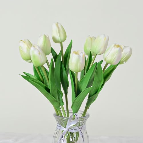 Artificial Flowers Tulips Fake Flowers Real Touch Latex Tulips Faux Flowers Bouquet for Wedding Party Arrangements Home Decor and Baby Shower Centerpieces (10, Light Green) - color: Light Green