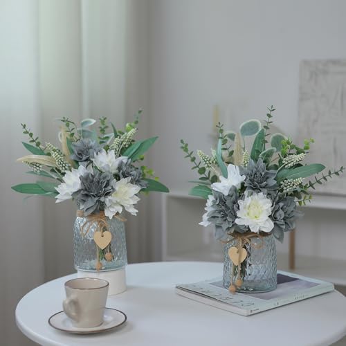 Faux Flowers with Vase,Artificial Silk Flowers in Vase, Fake Plant Eucalyptus and Willow,Flower Arrangement for Home Farmhouse kitchen Dining Table Centerpiece Decorations Table Decor (Grey Blue) - color: Grey Blue