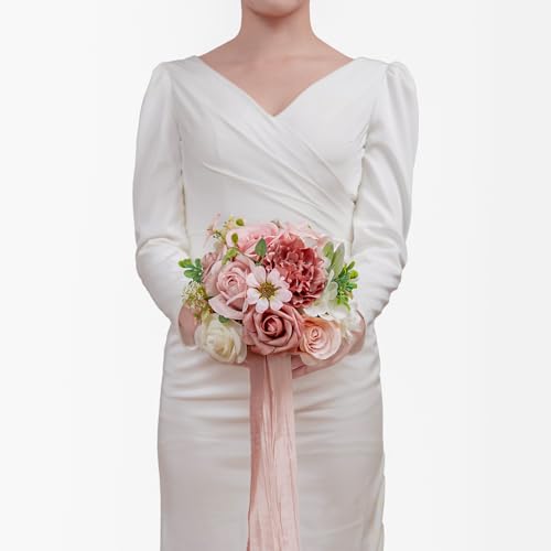 TINGE TIME 9 inch Bridal Bouquets for Bride, Artificial Silk Flowers Tossing Bouquet, Bride Bouquets for Wedding,Ceremony, Anniversary (DustyRose&Cream) - color: Dusty Rose & Cream