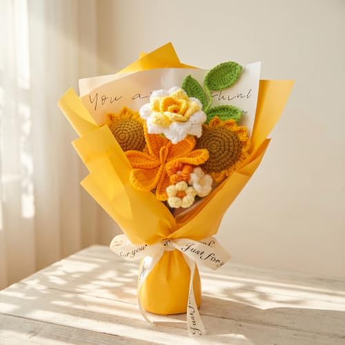 Crochet Flower Bouquet, Yellow Handmade Knitted Sunflowers | With Card, Gift for Graduation Lover Girlfriend Friends, Valentines Day Anniversary Birthday Mother's Day Wedding - color: Sunflower