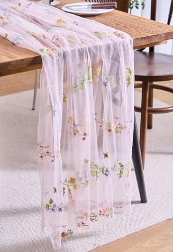 vctops 2 Packs Embroidery Lace Fall Table Runner 10ft Floral Garden Seasonal Tulle Table Runner Holiday Kitchen Dining Table Decoration for Wedding Party Baby Shower Birthday (Pink,30"x120") - color: Pink