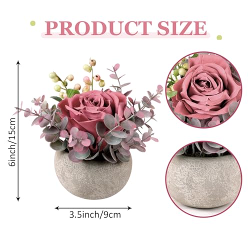 2 Pack Mini Potted Flowers, Pink Rose Artificial Flowers in Pot Fake Greenery Potted Plants Desk Shelf Decor for Home Office Living Room Bathroom - color: 2 Pack Red Rose